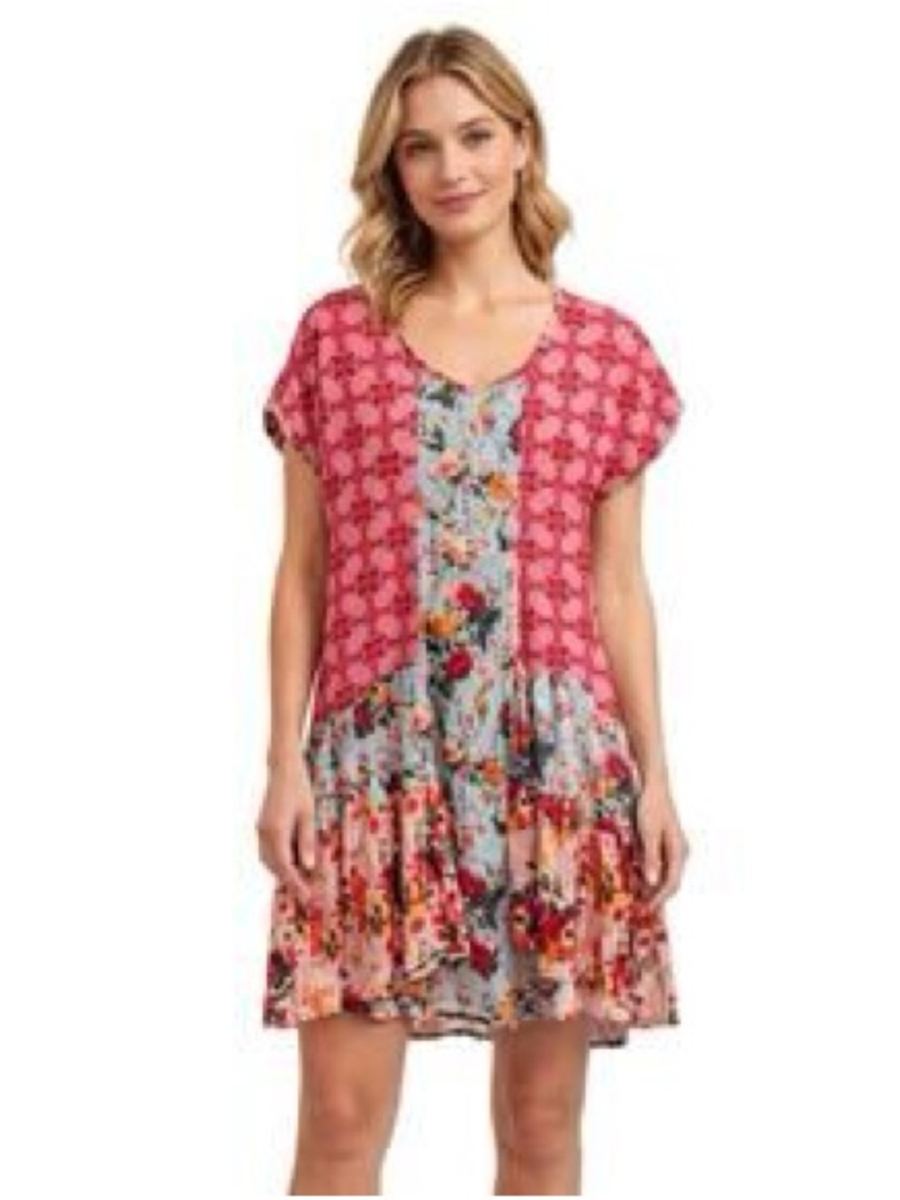 Sundance Floral Patchwork Mini Dress in Pinks and Blue